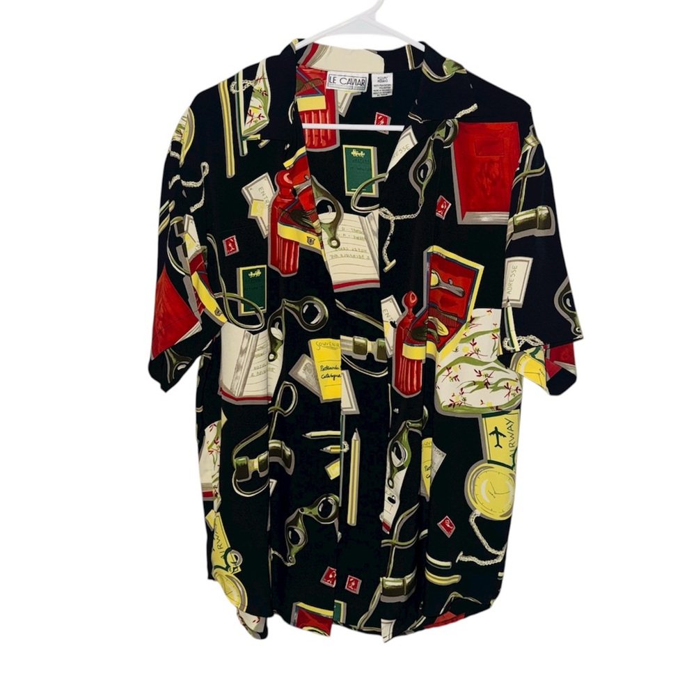 Vintage Multi Print Collared Satin Colorful Graphic Button-Up Shirt